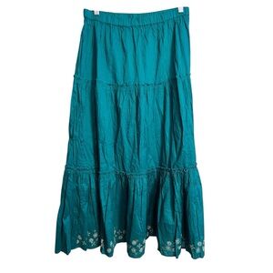 NWT Classic Elements Maxi Skirt Tiered Boho Embroidery Green Pull On Medium New